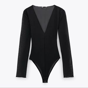 NWT Zara Tulle Black Vneck Bodysuit Medium
